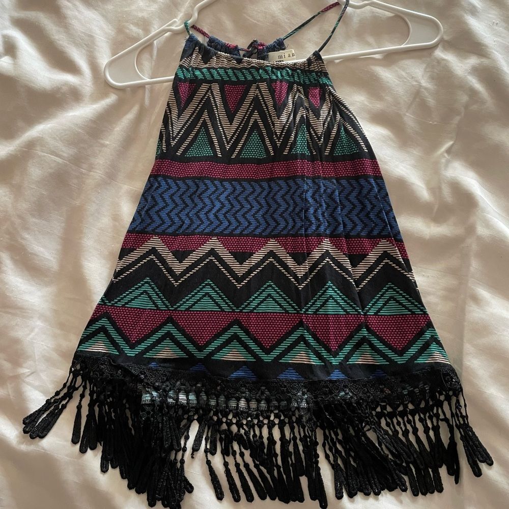 Miami Shirt Top halter fringe striped print tank crop tribal size small s